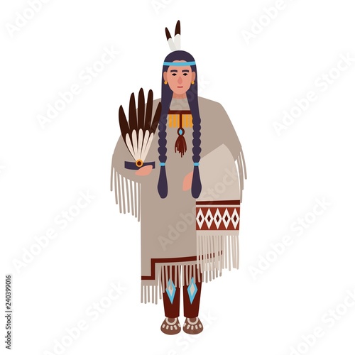 American Indian woman with braids or squaw wearing ethnic tribal clothes. Indigenous peoples of America. Female cartoon character isolated on white background. Colorful flat vector illustration.