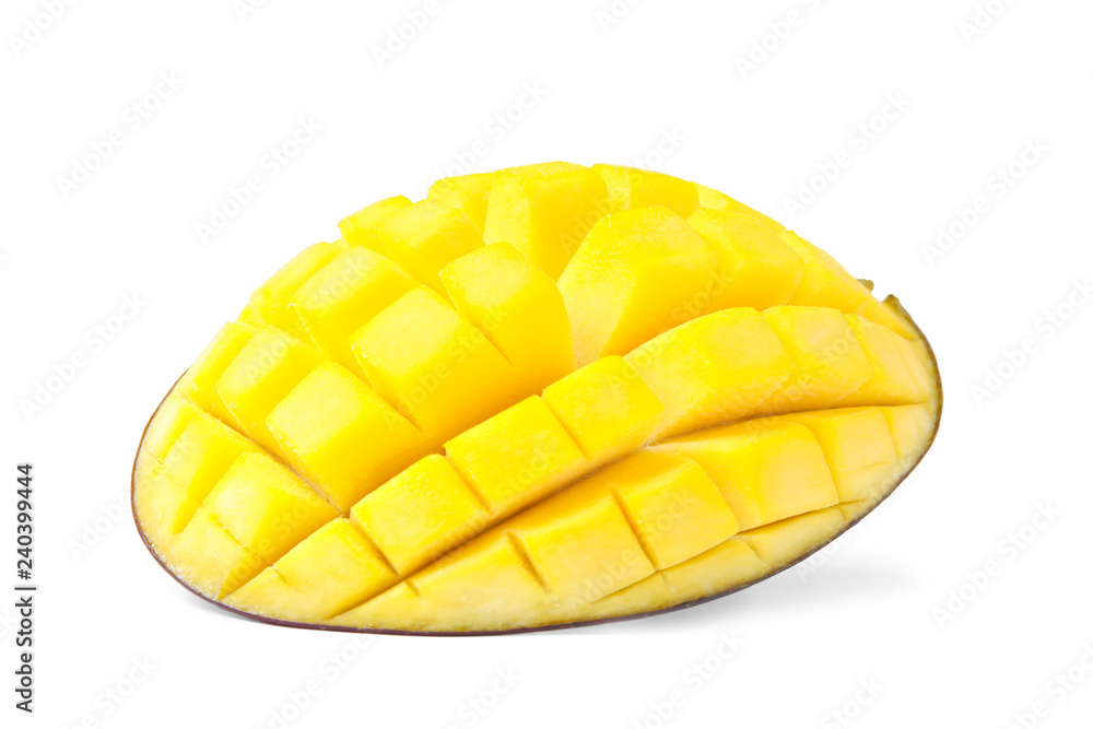 Fresh juicy mango half isolated on white