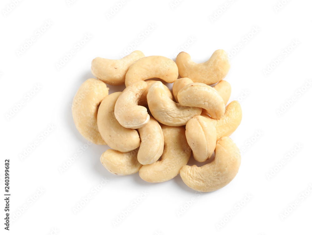 Tasty cashew nuts isolated on white, top view Tasty cashew nuts isolated on white, top view