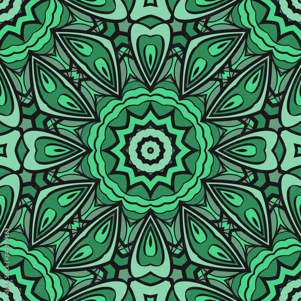 Template Print For Fabric. Pattern Of Floral Mandala Ornament With Border. Illustration. Seamless. For Print Bandana, Shawl, Carpet