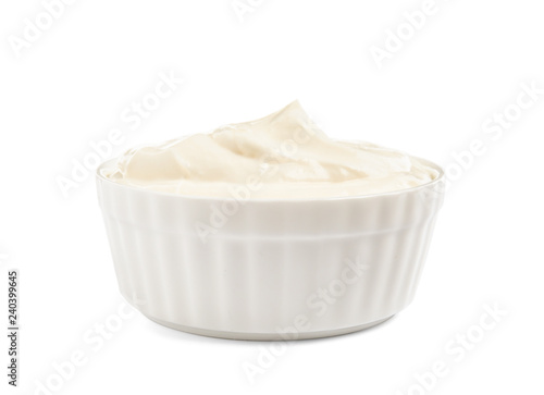 Obraz na plátně Ceramic bowl with fresh sour cream isolated on white