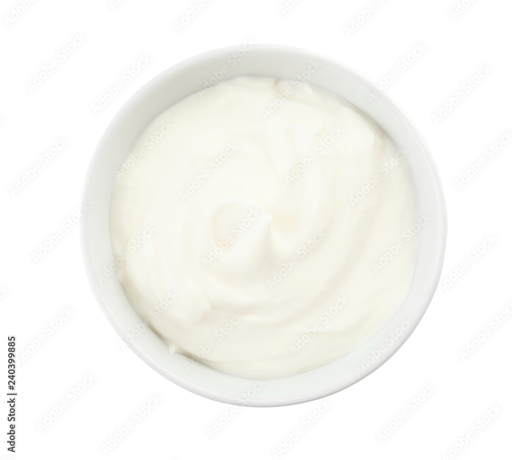 Bowl with sour cream on white background, top view Bowl with sour cream on white background, top view
