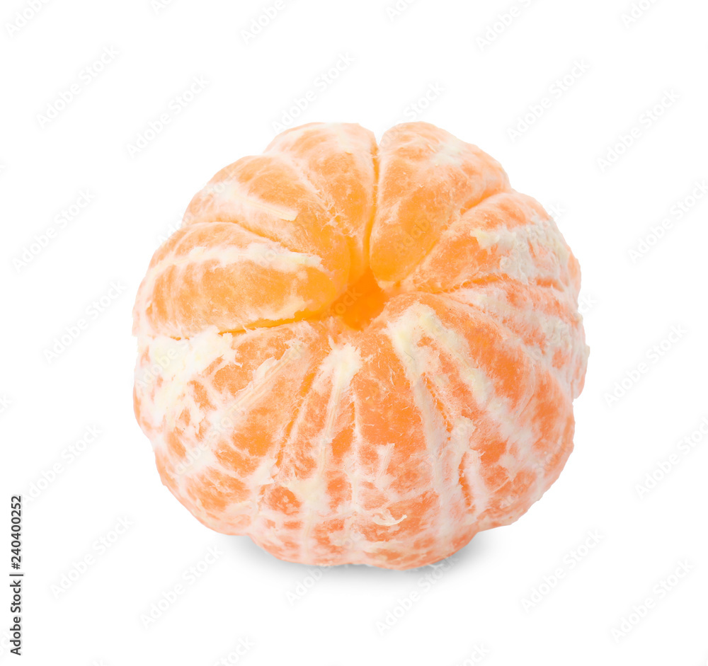 Peeled fresh ripe tangerine on white background