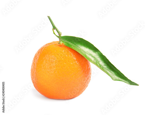 Tasty ripe tangerine with leaf on white background