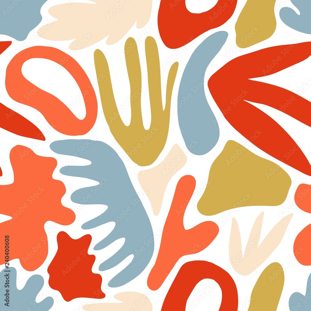 Vivid modern abstract seamless pattern with natural colorful shapes or blots on white background. Trendy motley vector illustration in flat style for wrapping paper, wallpaper, fabric print, backdrop. Vivid modern abstract seamless pattern with natural colorful shapes or blots on white background. Trendy motley vector illustration in flat style for wrapping paper, wallpaper, fabric print, backdrop.