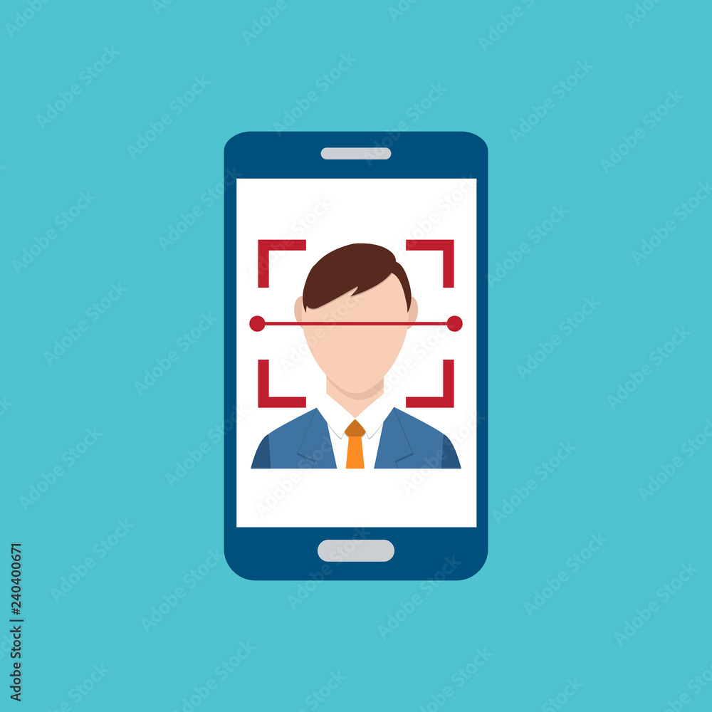Facial recognition technology, Face ID concept, smart phone focus in a users face. Vector illustration. Facial recognition technology, Face ID concept, smart phone focus in a users face. Vector illustration.