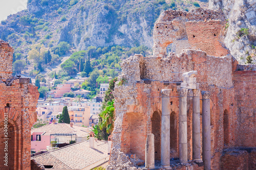 The ruins of amphitheatre in Taormina, Sicily, Italy.
