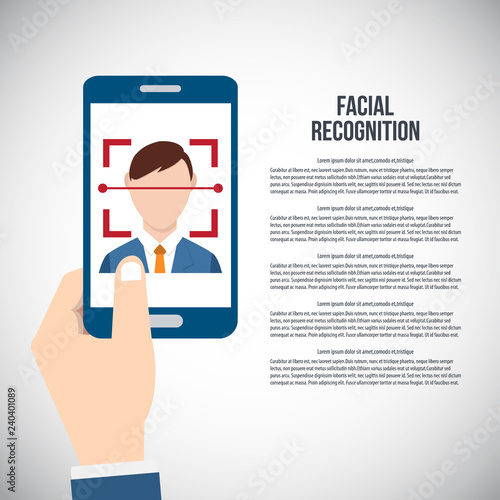 Facial recognition technology, Face ID concept, hand holding smart phone focus in a users face. Vector illustration.