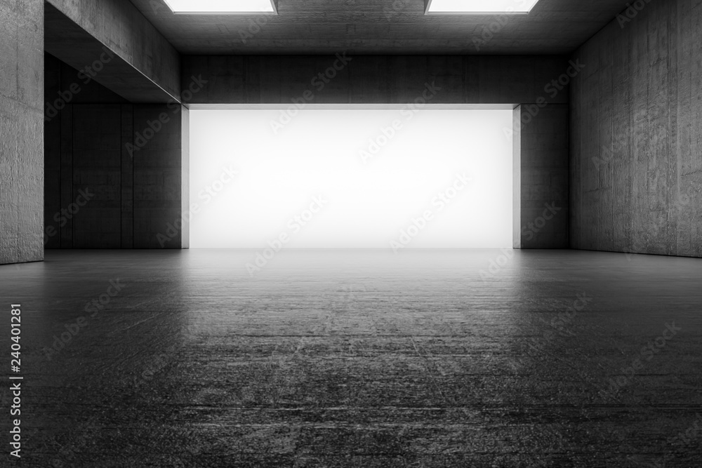 Empty abstract concrete room with the gate and glowing light. Interior concept background. 3d illustration Empty abstract concrete room with the gate and glowing light. Interior concept background. 3d illustration