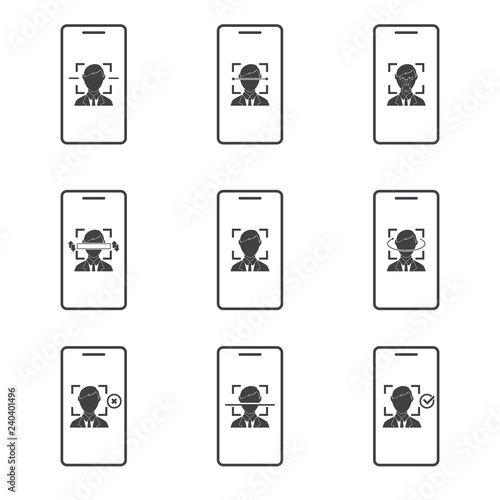 Face  facial recognition system icon set. Biometric identification. Smartphone scans a person face symbol.