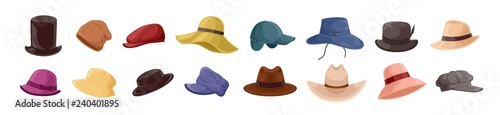 Collection of stylish men s and women s headwear of various types - hats, caps, kepi isolated on white background. Bundle of fashion accessories. Colorful vector illustration in flat cartoon style. photo