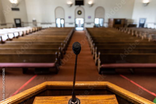 Canvas Print empty church sanctuary view from the pulpit and microphone