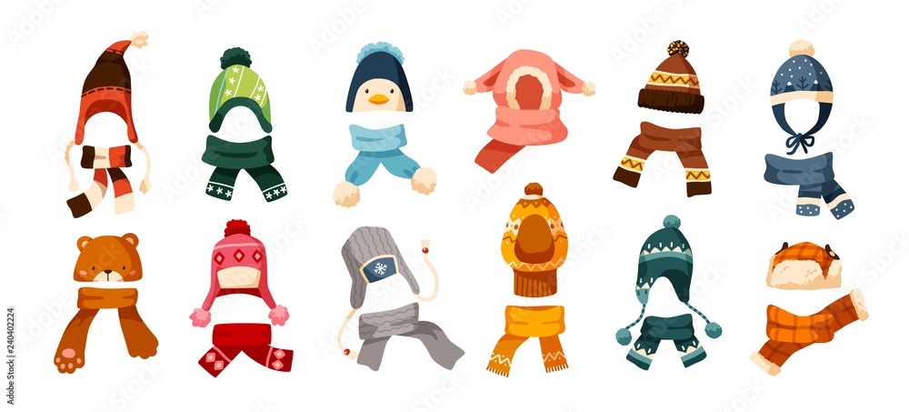 Collection of children s winter knit hats and scarves of various