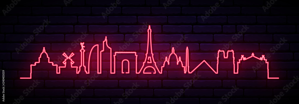 Fototapeta Czerwony neon panoramę miasta Paryża. Jasny długi transparent Paryż. Ilustracja wektorowa.