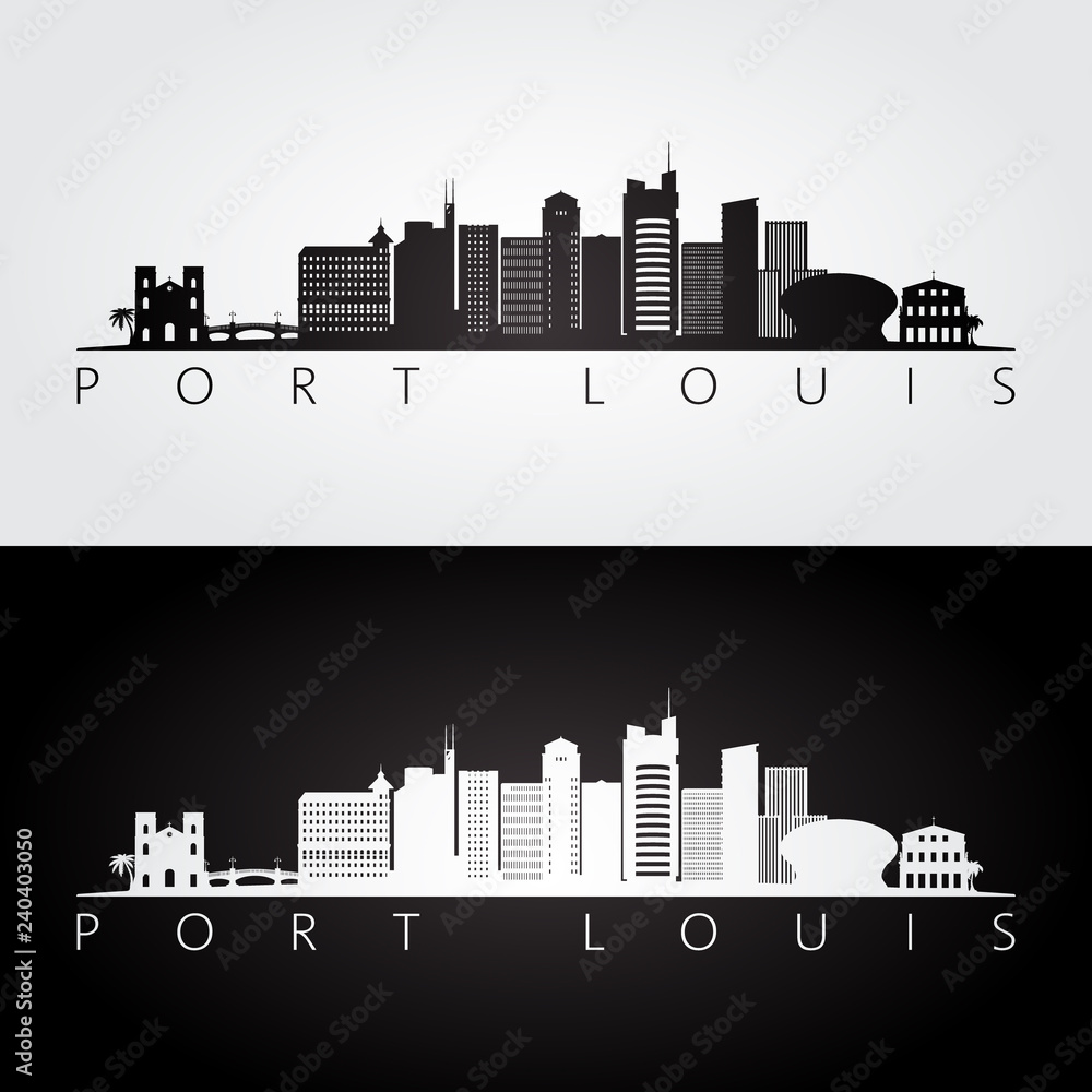 Port Louis skyline and landmarks silhouette, black and white design, vector illustration.