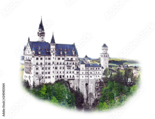 Munich,Bavaria,Germany. Neuschwanstein Castle in sketch style. Watercolor illustration of Historical showplace for print, souvenirs, postcards, t-shirts, decoration. photo