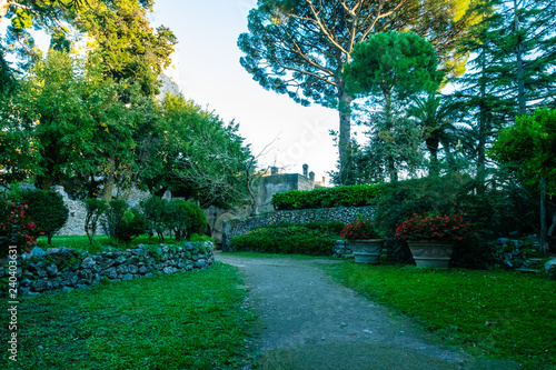 Walkway in garden on coast of Mediterranean Sea. Amalfi Coast on Villa Rufolo.