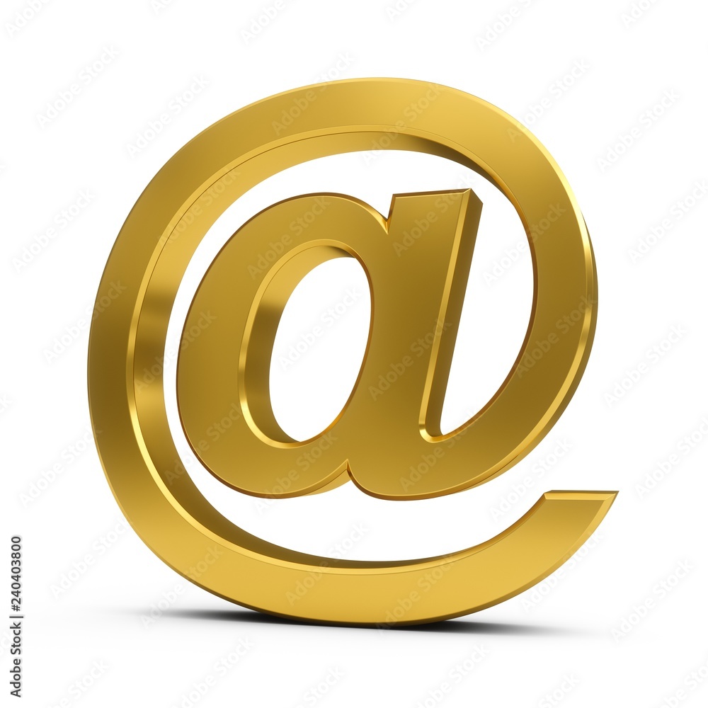 3D Rendering golden at email symbol isolated on white background
