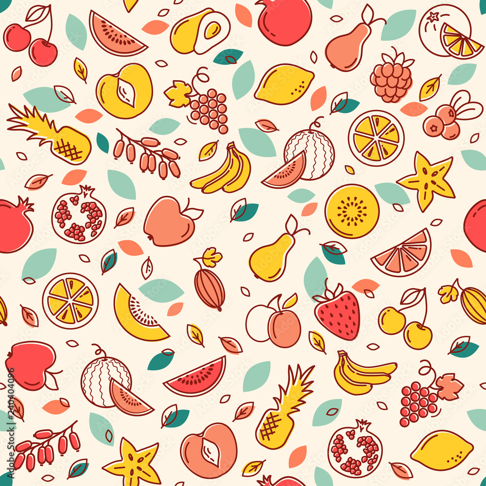 Vector set of sketch of various fruits isolated on a light background. Good background for textiles and print. Vector set of sketch of various fruits isolated on a light background. Good background for textiles and print.