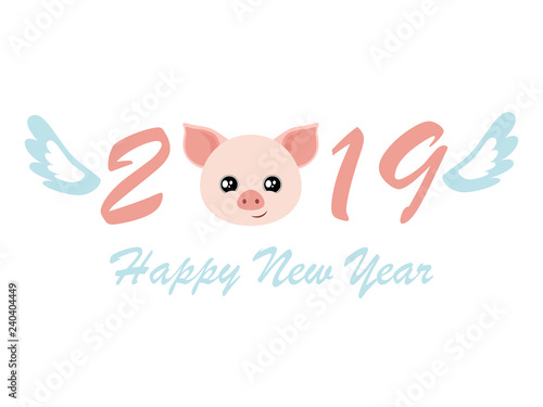 Happy New Year 2019 card design with cartoon pigs face. Chinese symbol of the 2019 year. Vector illustration © Marta Sher