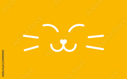 Muzzle sleeping cat banner. Satisfied sweet kitty line style logo template. Smiley cat vector illustration on yellow background.