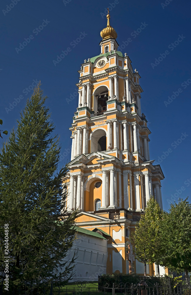 Bell tower and St.Serge church. Novospassky monastery in Moscow, Russia