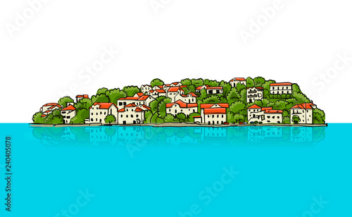 Old european city. Mediterranean sea. Sketch for your design