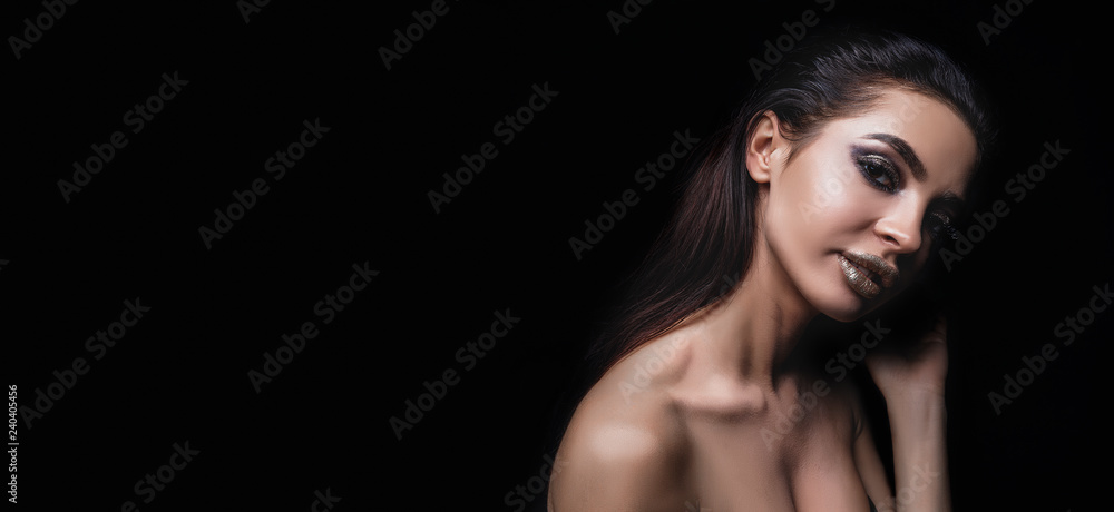 High Fashion model girl in colorful bright sparkles posing in studio on black background, close-up portrait of beautiful woman, trendy glowing make-up. Art design colorful make up. High Fashion model girl in colorful bright sparkles posing in studio on black background, close-up portrait of beautiful woman, trendy glowing make-up. Art design colorful make up.