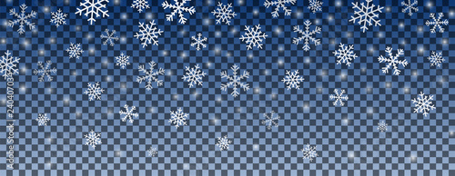 Falling snowflakes on transparent background. Winter snowy banner