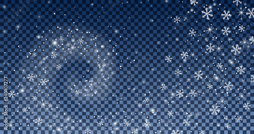 Falling snowflakes on transparent background. Winter snowy banner