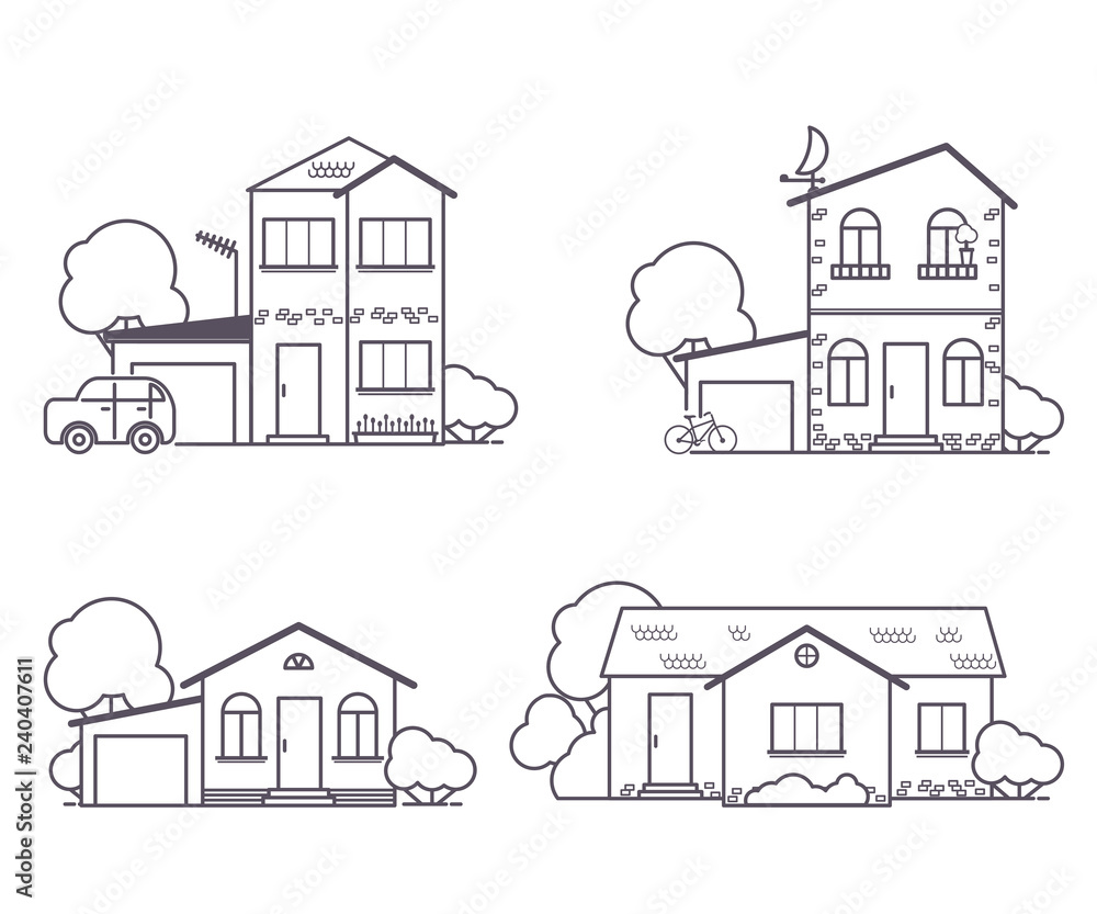 set of four one-storey and two-story houses with a garage
 in a linear style on a white background
