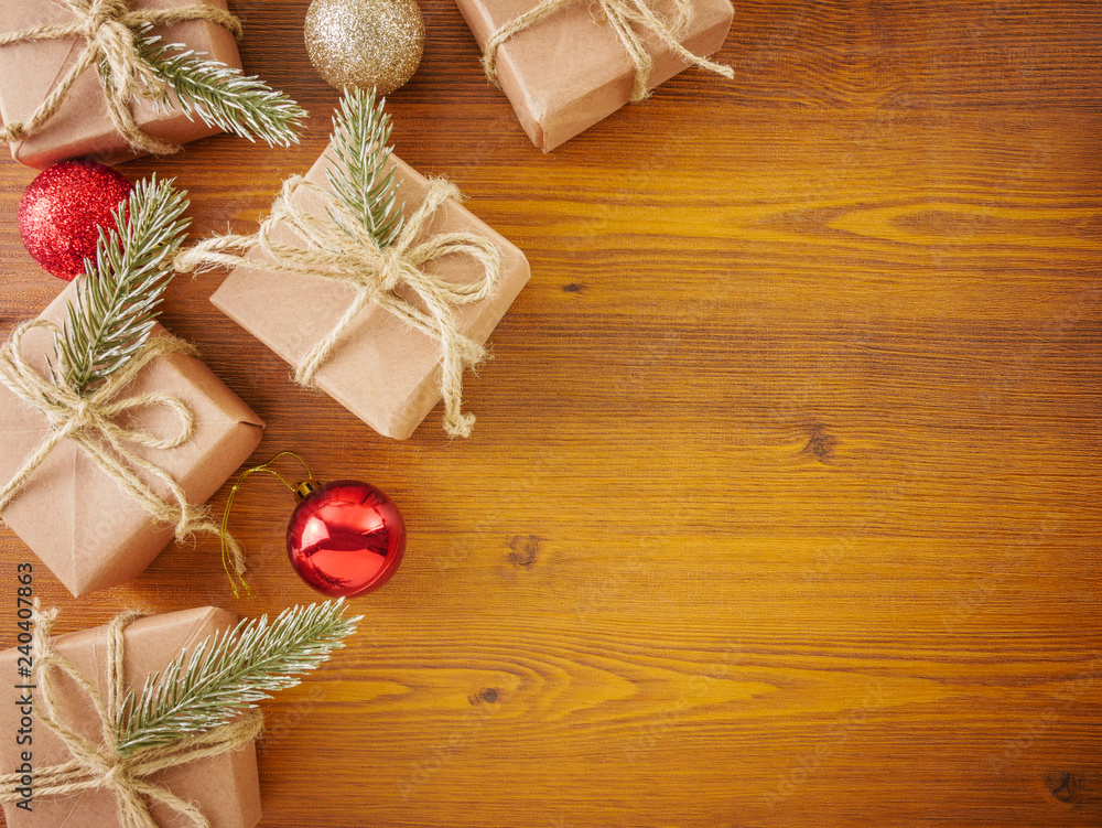 Flat lay,top view Christmas,new year ornaments and gift boxes on Flat lay,top view Christmas,new year ornaments and gift boxes on