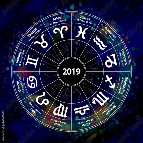 Circle with signs of zodiac on watercolor background. Vector ill