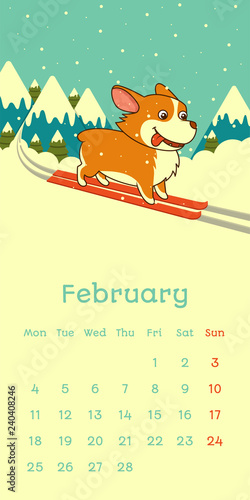 2019 February calendar with welsh corgi dog skying on snow mountains background photo