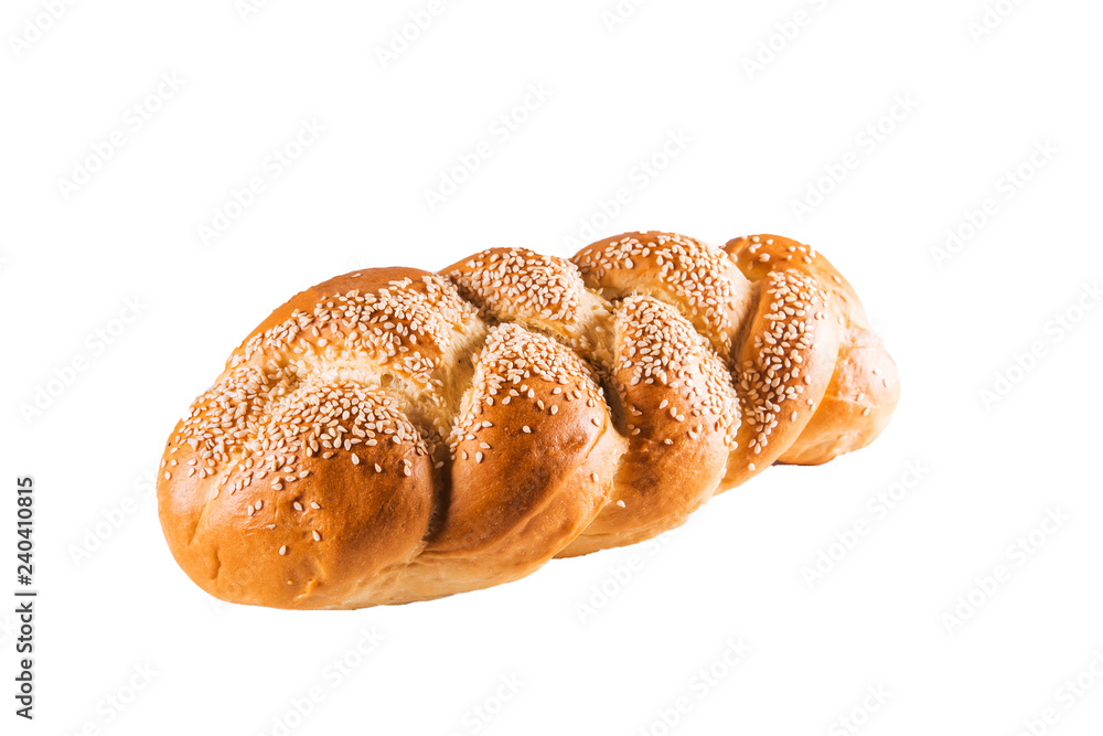 Delicious baguette with sesame on white isolate background Fresh pastries, bakery, cafe concept Delicious baguette with sesame on white isolate background Fresh pastries, bakery, cafe concept