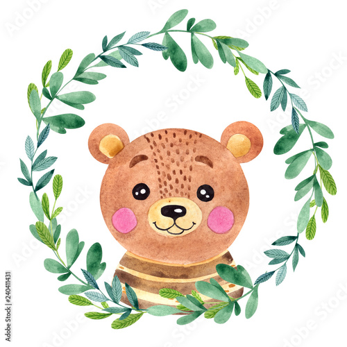 Watercolor illustration with cute bear  flower and leawes