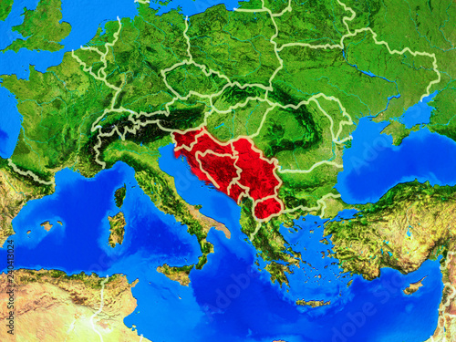 Принти на полотні Former Yugoslavia from space on model of planet Earth with country borders and very detailed planet surface