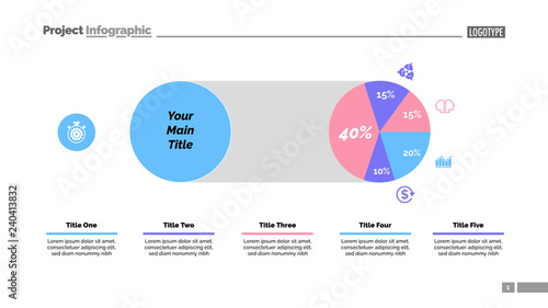Five sectors pie chart slide template. Business data. Comparison, diagram, design. Creative concept for infographic, presentation, report. Can be used for topics like marketing, finance, analytics.