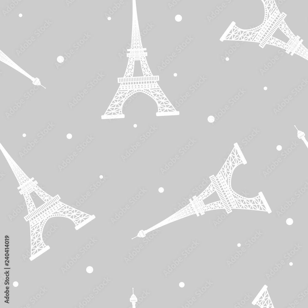 Seamless vector pattern of Eiffel Tower  silhouette on gray background