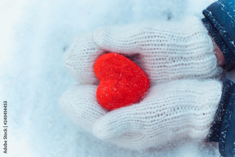 Fototapeta premium Female hands in knitted white mittens with heart of snow in winter day. Love and St. Valentine cozy concept, copyspace