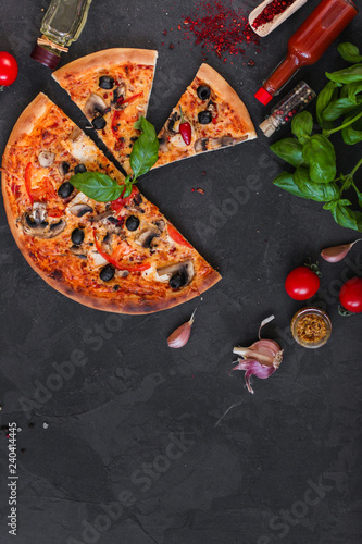pizza, mushrooms, olives, tomato sauce, cheese. food background