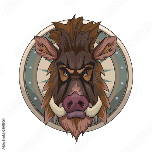 Cartoon style wild boar head on the shield