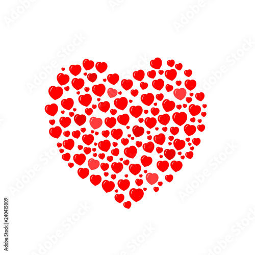 Composition: many small red hearts laid out in the shape of a big heart. For greeting card on March 8 or Valentine's Day, poster, t-shirt, package, product packaging, pillow case, home decor. Vector