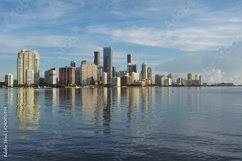 Miami, Florida 09-08-2018 City of Miami skyline and its reflection on the tranquil water of Biscayne Bay. © Francisco