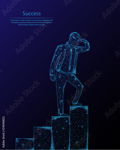 Abstract image of a successful person looking down, consisting of points and lines in the form of constellations and the starry sky.