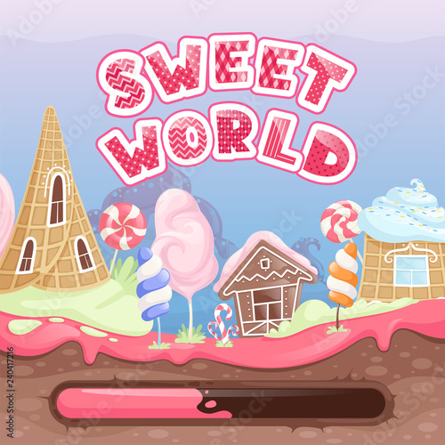 Fantasy game intro. Start screen for video game with delicious food chocolate biscuits caramel lollipop vector web page ui template. Illustration of start page video gui, dessert cake and biscuit