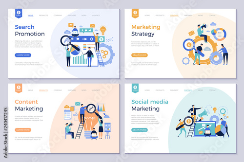 Business landing pages. Marketing website design layout template people promotion modern vector pictures. Social media marketing, content optimization illustration