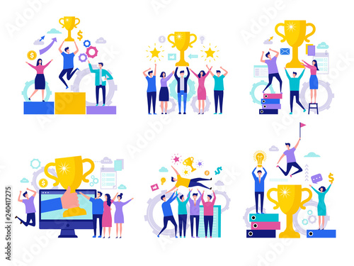 Business victory concept. Successful happy finance managers director winning rewards team with cups vector characters. Illustration of business success, businessman achievement