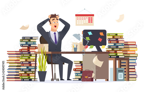 Overworked businessman. Stressed frustrated director manager hard work sitting office table pile papers documents vector character. Illusstration of office employee busy and overworked