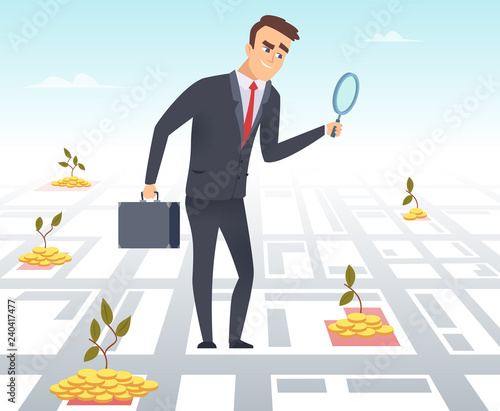 Business investor. Office manager director business successful person search finance opportunities magnifying looking at map. Illustration business investment finance, investor with magnifying glass